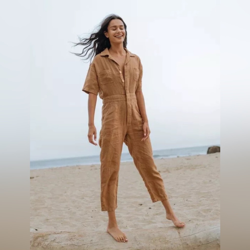 MATE the Label Brown Short-Sleeve Linen Jumpsuit